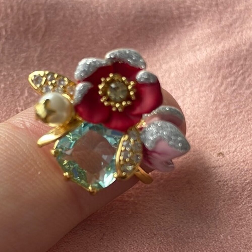 Les Néréides Red Floral Gold Ring Crystal Enamel